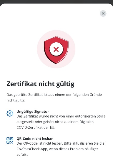 CovPassCheck-App zeigt: Zertifikat nicht gültig